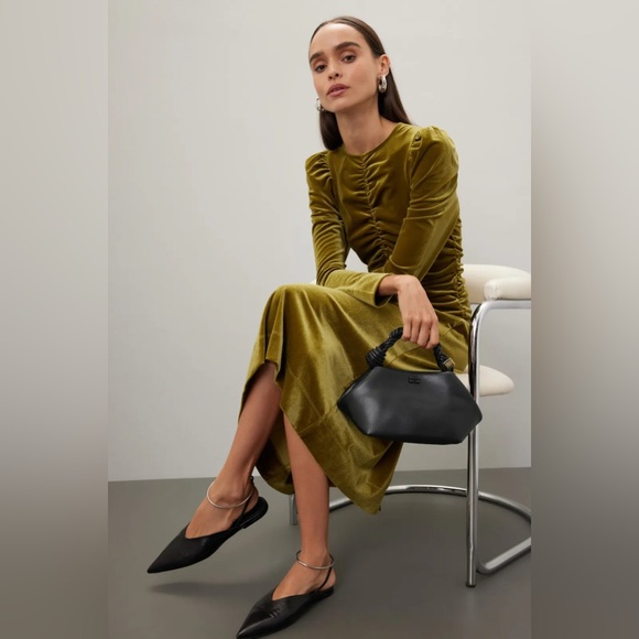 Ganni Velvet Gathered Long Sleeve Jersey Dress in Avocado - Picture 1 of 11
